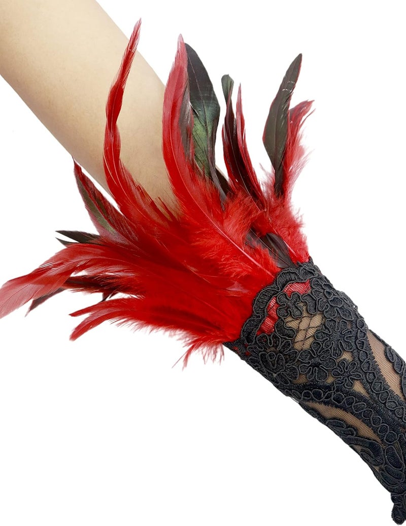 UQJE 2PCS Women's Lace Feather Long Gloves Gothic Mesh Cuff Wedding Halloween Party - Image 5